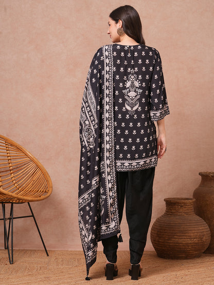 Ethnic Floral Printed & Embroidered Straight Fit Kurta with Dhoti Pant and Dupatta - Black