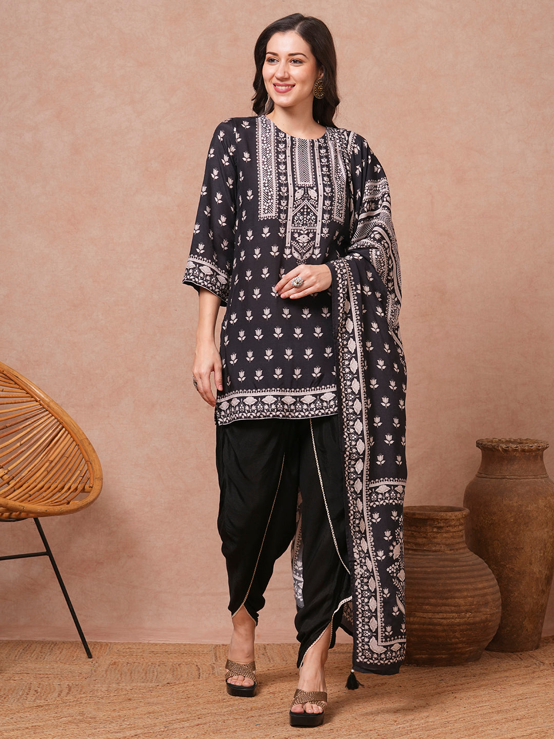 Ethnic Floral Printed & Embroidered Straight Fit Kurta with Dhoti Pant and Dupatta - Black