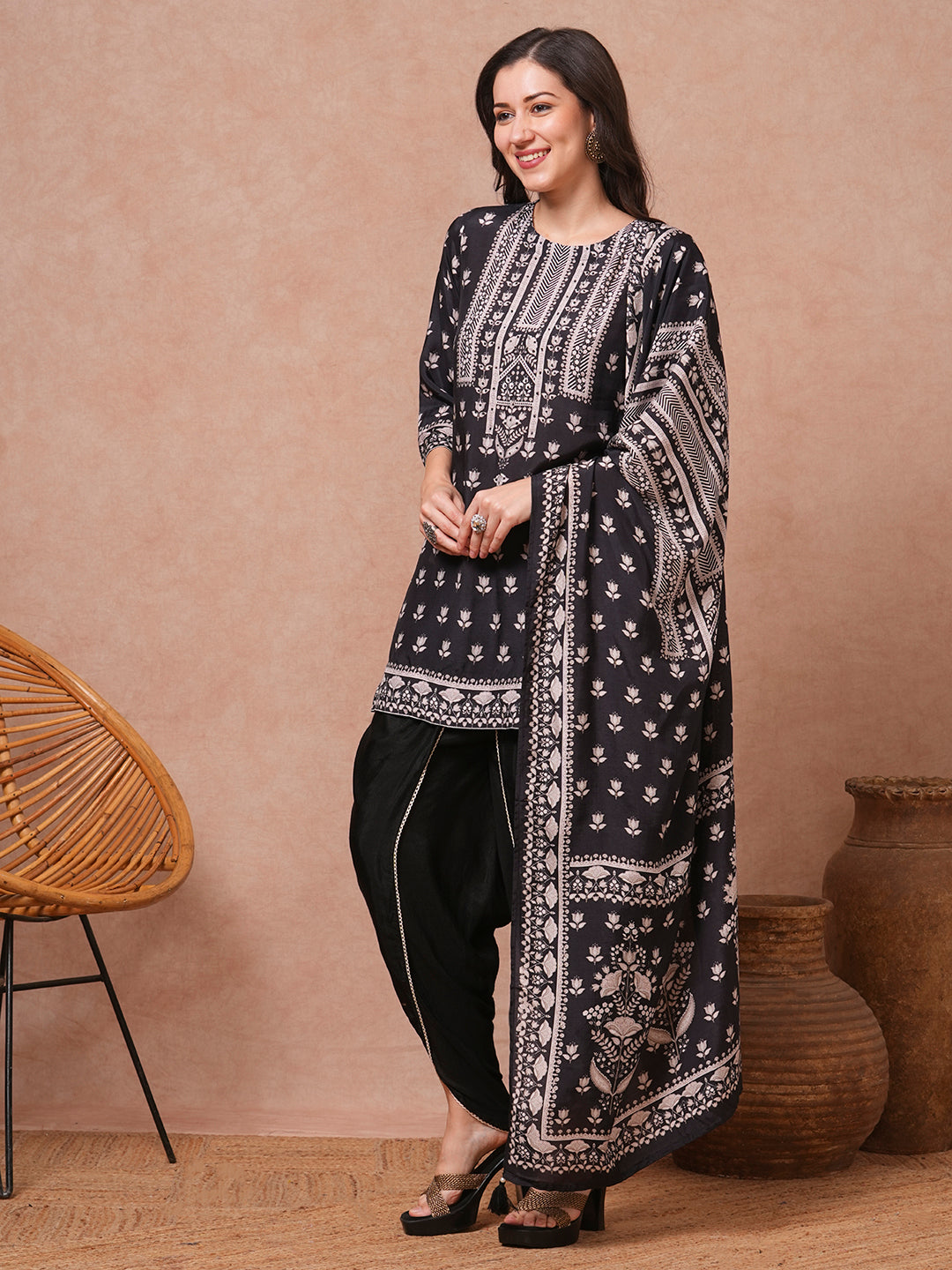 Ethnic Floral Printed & Embroidered Straight Fit Kurta with Dhoti Pant and Dupatta - Black