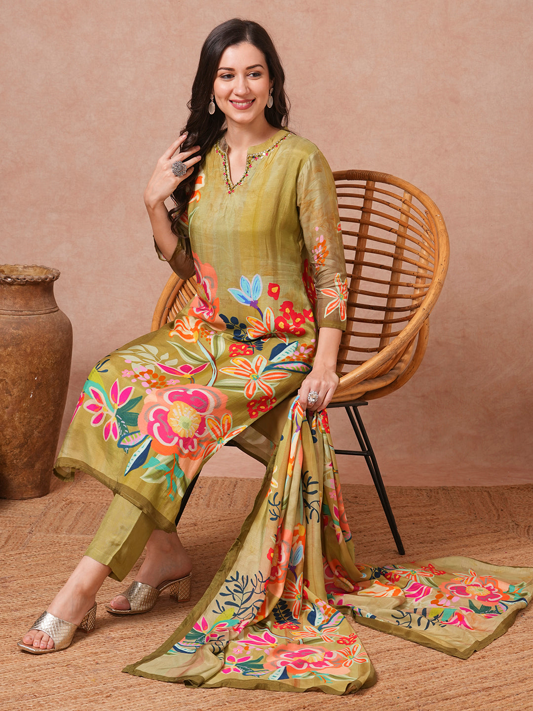 Abstract Floral Printed & Embroidered Straight Kurta with Pant and Dupatta - Green