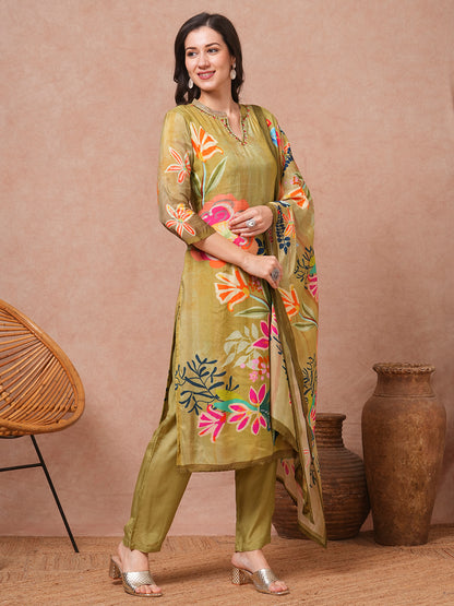 Abstract Floral Printed & Embroidered Straight Kurta with Pant and Dupatta - Green