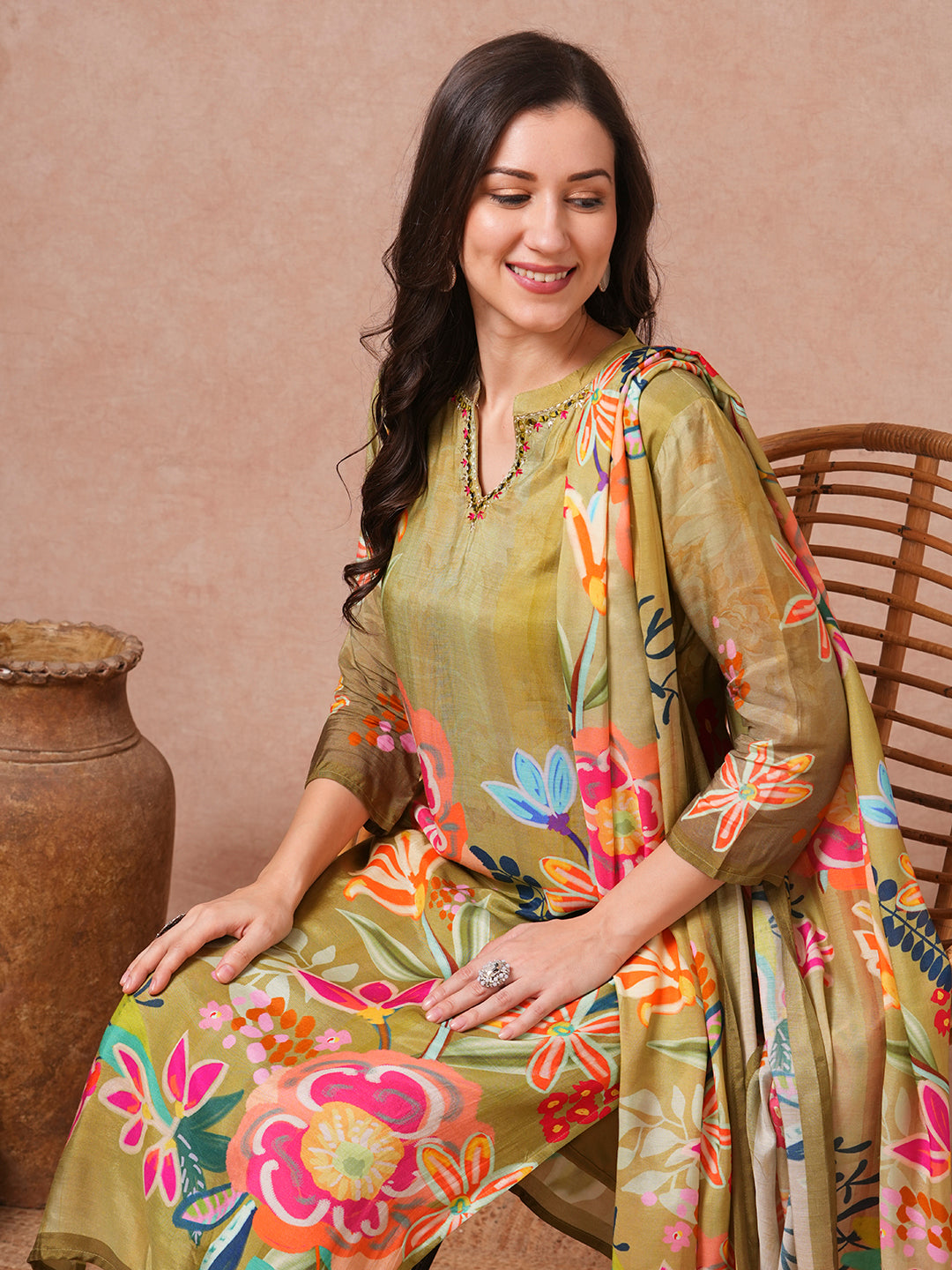 Abstract Floral Printed & Embroidered Straight Kurta with Pant and Dupatta - Green