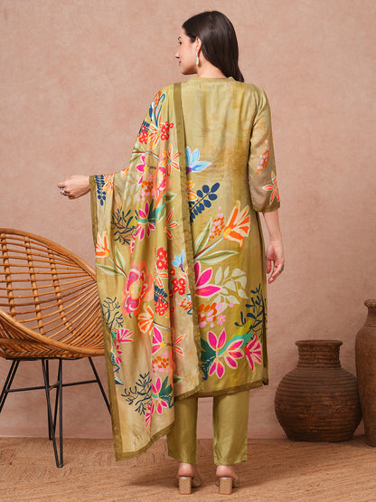 Abstract Floral Printed & Embroidered Straight Kurta with Pant and Dupatta - Green