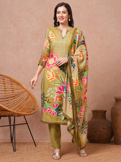 Abstract Floral Printed & Embroidered Straight Kurta with Pant and Dupatta - Green