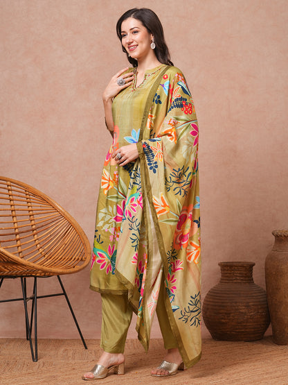 Abstract Floral Printed & Embroidered Straight Kurta with Pant and Dupatta - Green