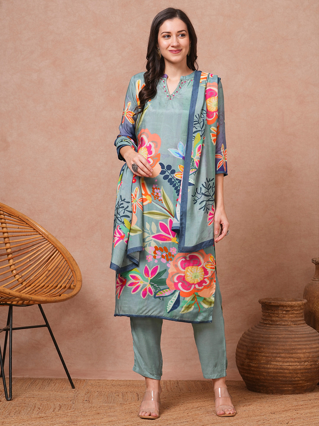 Abstract Floral Printed & Embroidered Straight Kurta with Pant and Dupatta - Blue