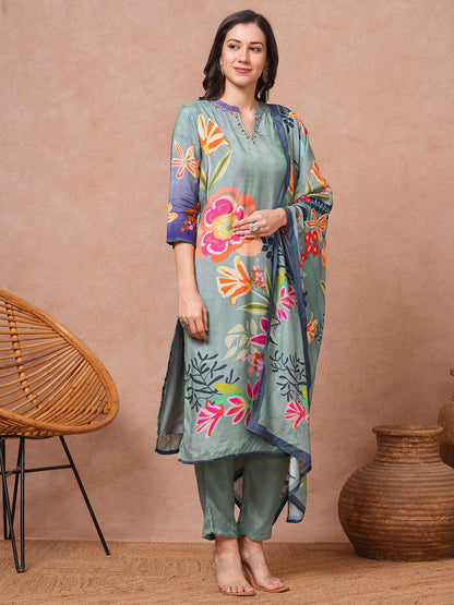 Abstract Floral Printed & Embroidered Straight Kurta with Pant and Dupatta - Blue