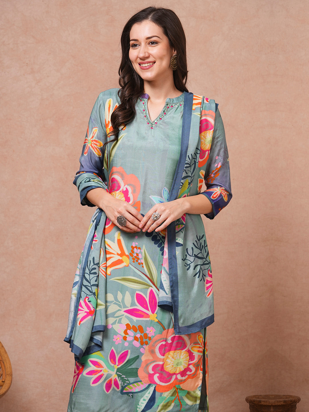 Abstract Floral Printed & Embroidered Straight Kurta with Pant and Dupatta - Blue