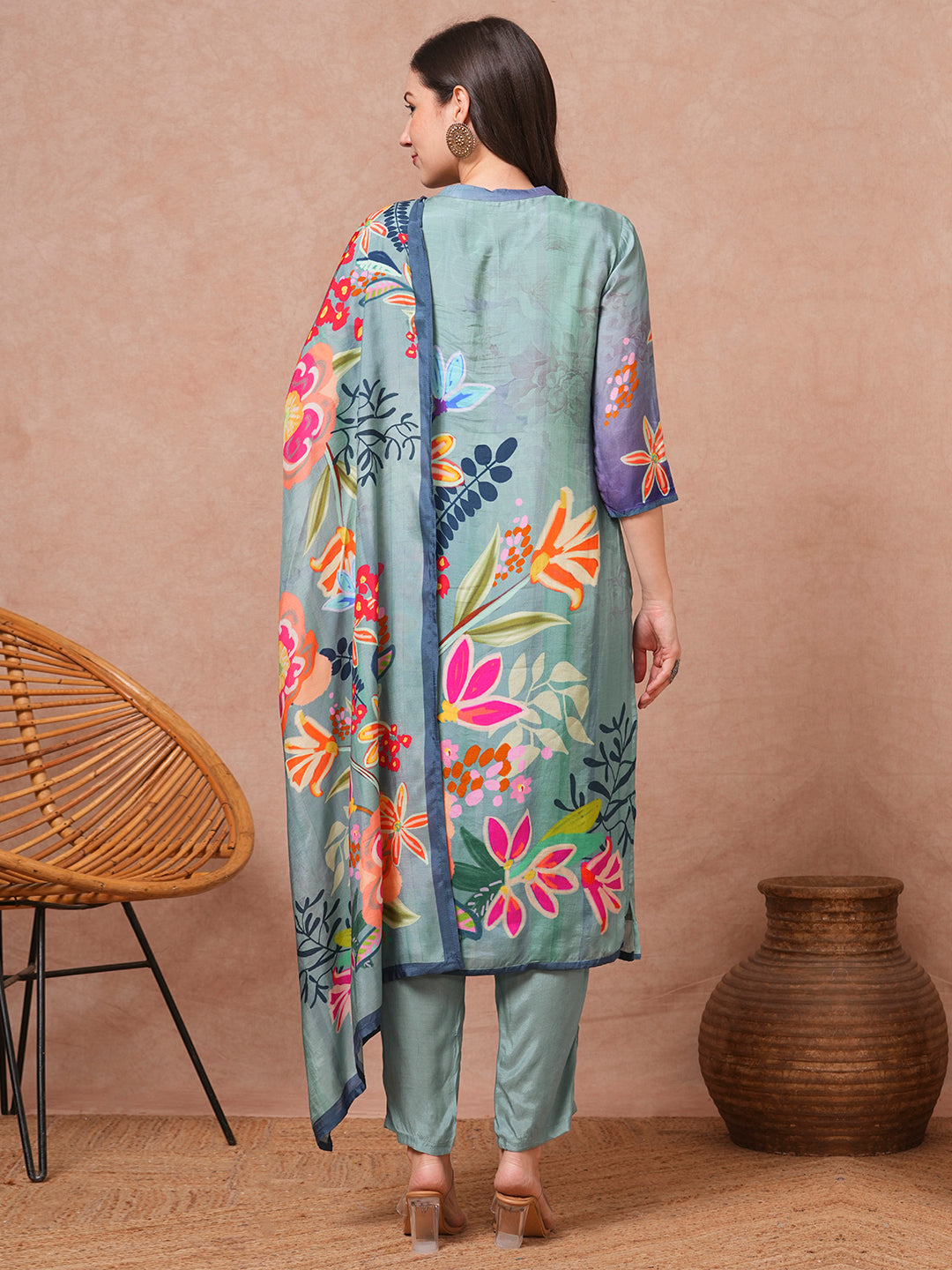 Abstract Floral Printed & Embroidered Straight Kurta with Pant and Dupatta - Blue