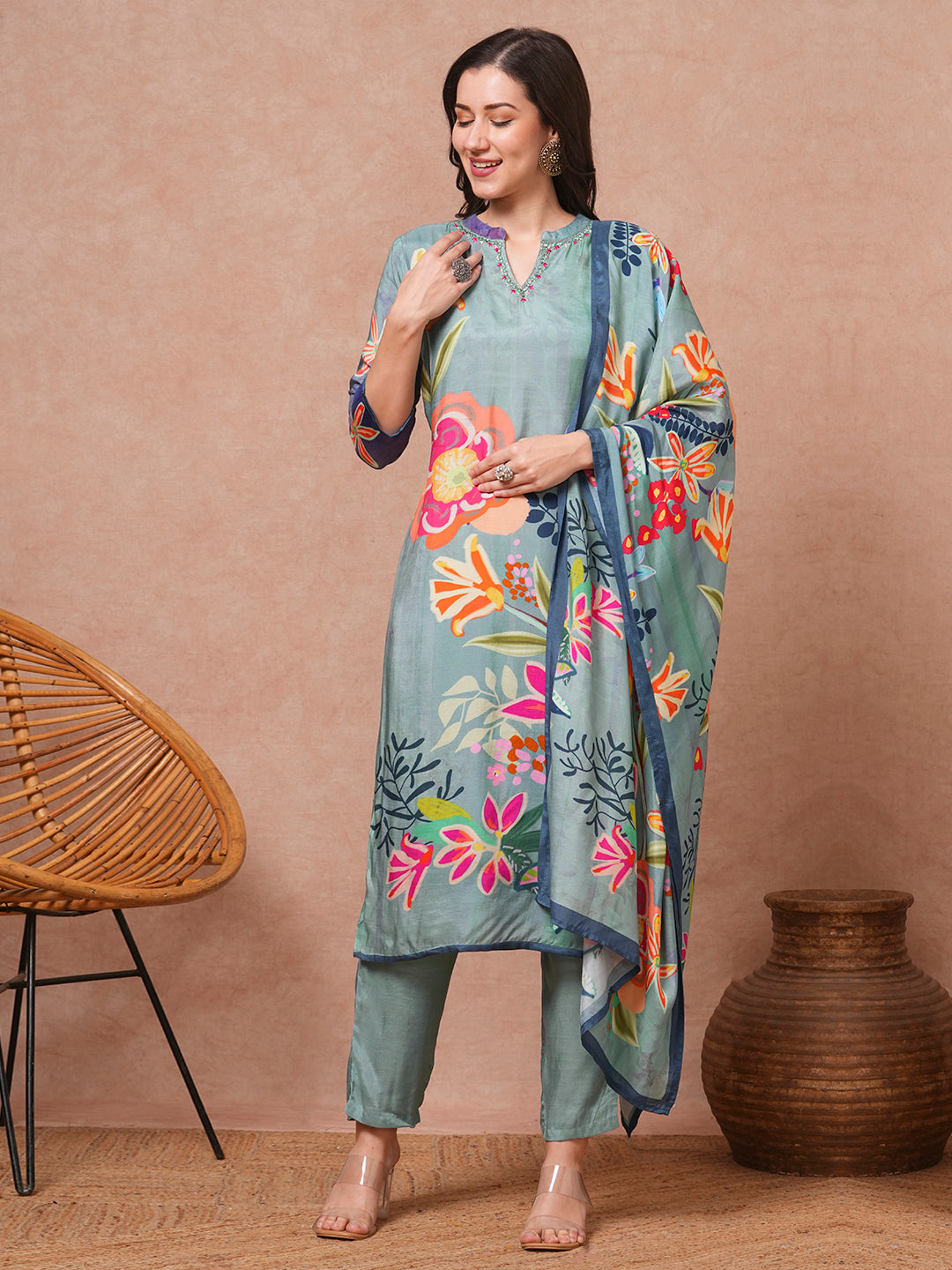 Abstract Floral Printed & Embroidered Straight Kurta with Pant and Dupatta - Blue