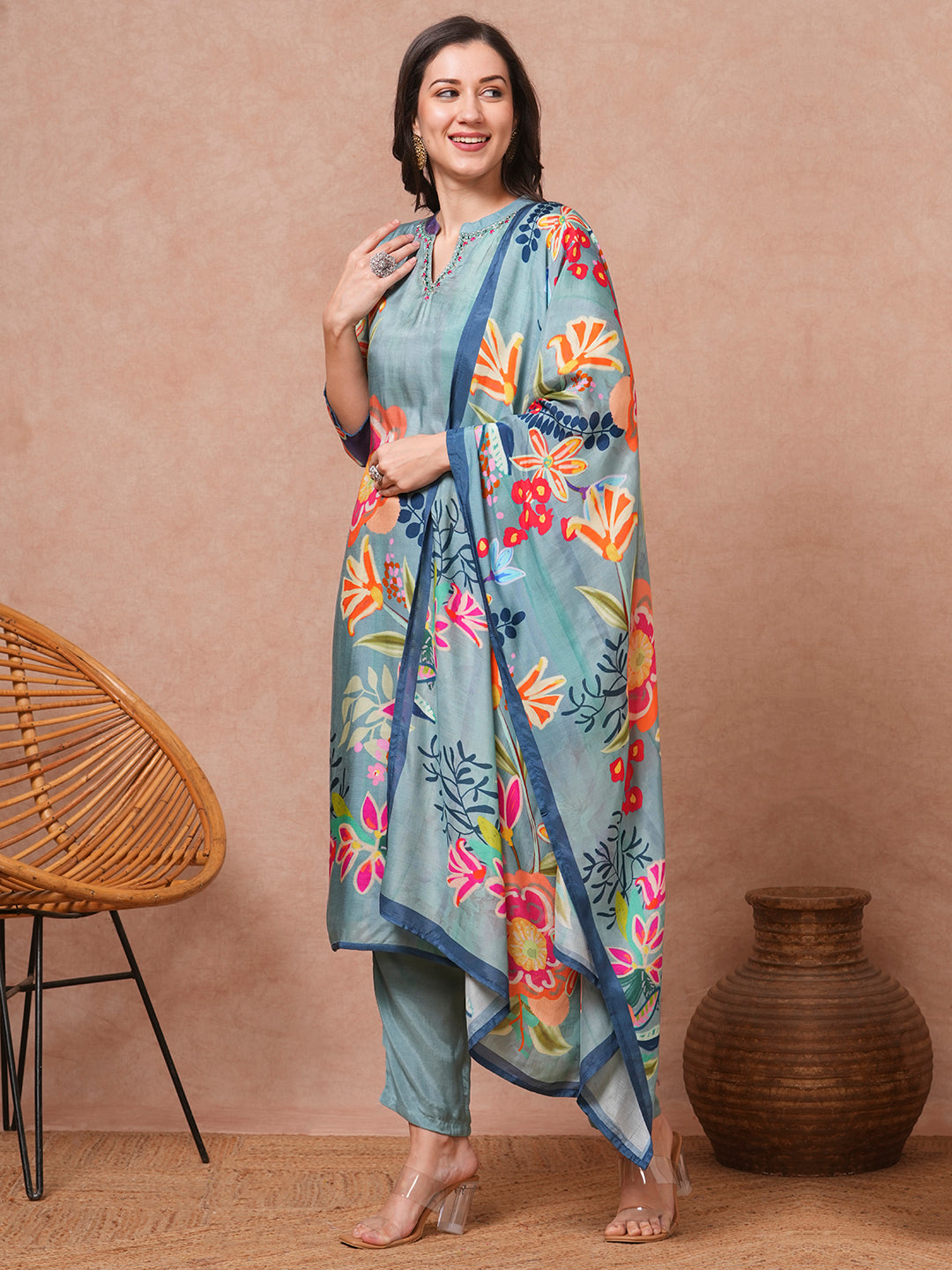 Abstract Floral Printed & Embroidered Straight Kurta with Pant and Dupatta - Blue