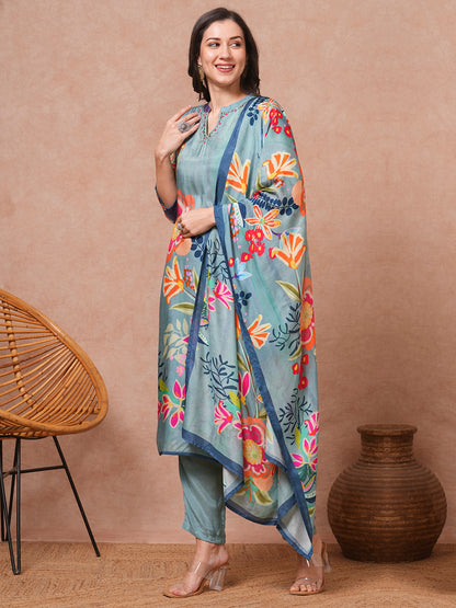 Abstract Floral Printed & Embroidered Straight Kurta with Pant and Dupatta - Blue