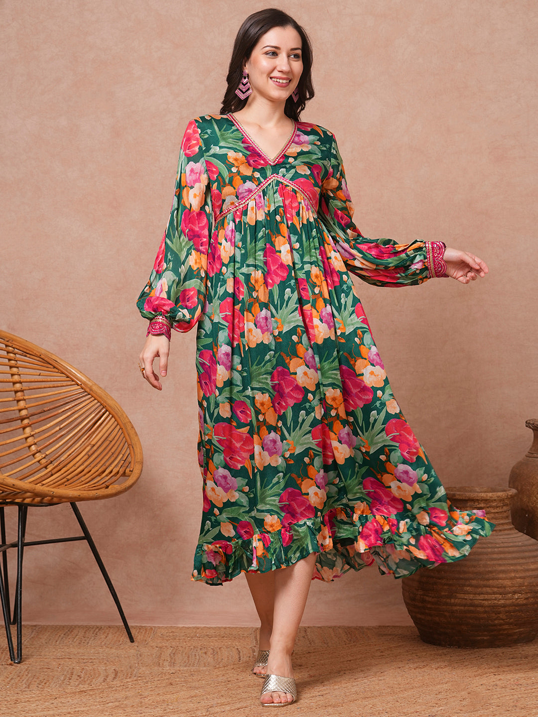 Abstract Floral Printed & Embroidered A-Line Pleated Midi Dress - Green