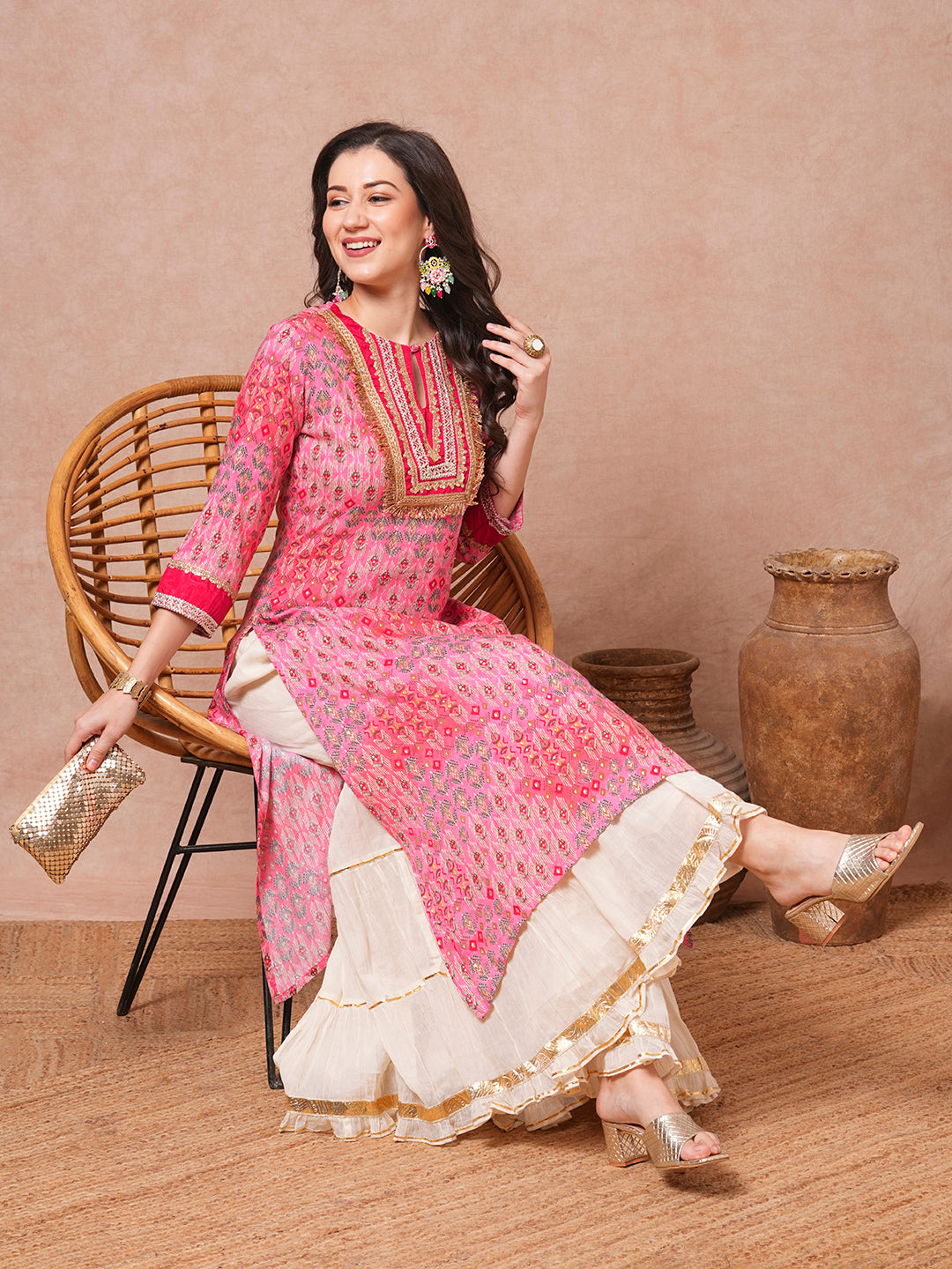 Ethnic Foil Printed & Sequin Embroidered A-Line Kurta - Pink