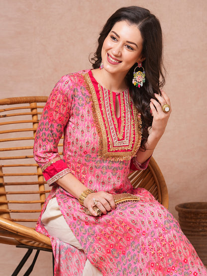 Ethnic Foil Printed & Sequin Embroidered A-Line Kurta - Pink