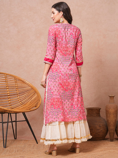 Ethnic Foil Printed & Sequin Embroidered A-Line Kurta - Pink