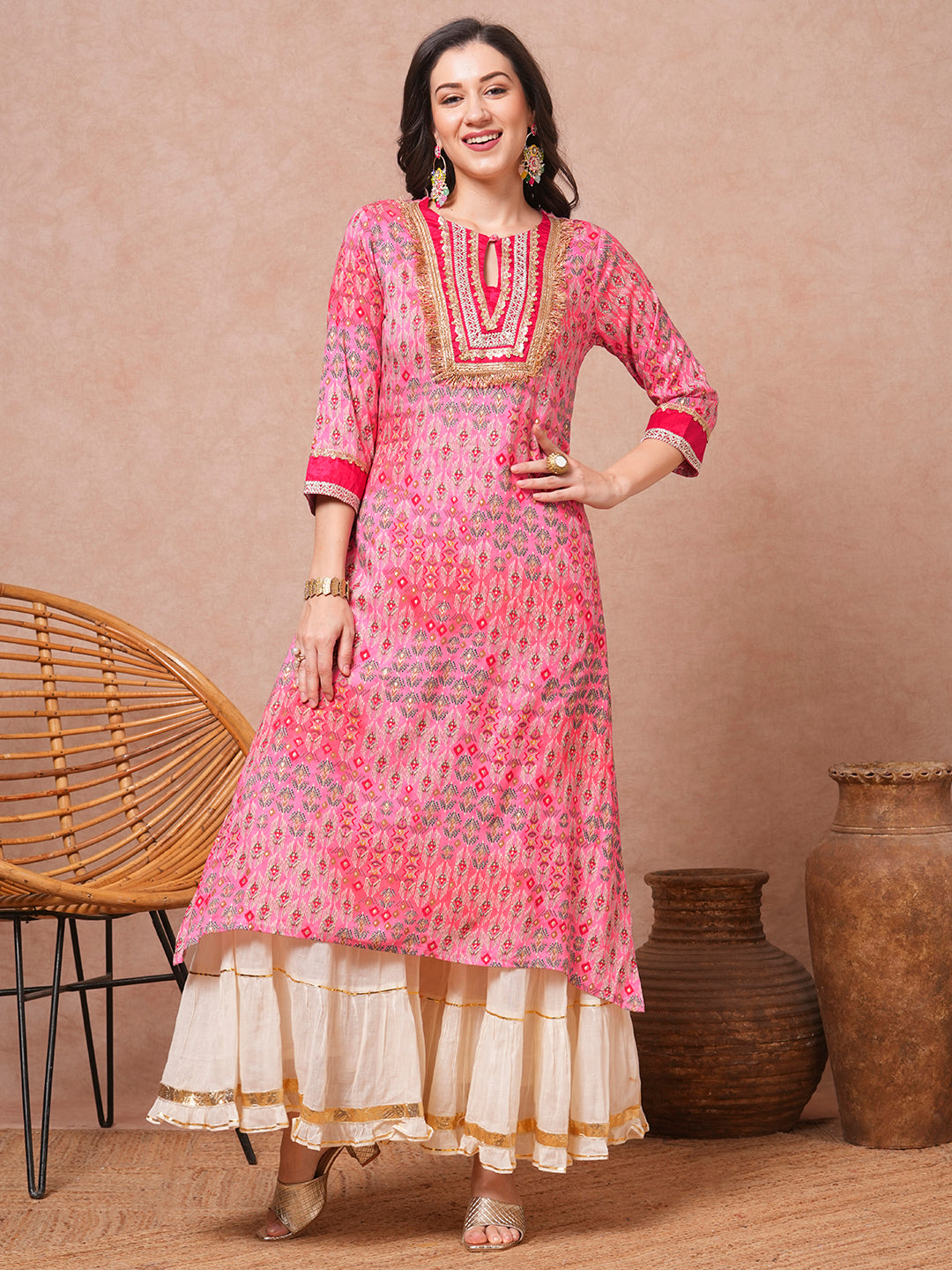 Ethnic Foil Printed & Sequin Embroidered A-Line Kurta - Pink