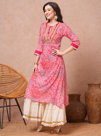 Ethnic Foil Printed & Sequin Embroidered A-Line Kurta - Pink