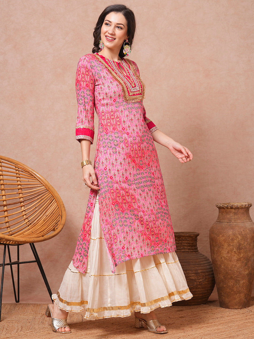 Ethnic Foil Printed & Sequin Embroidered A-Line Kurta - Pink