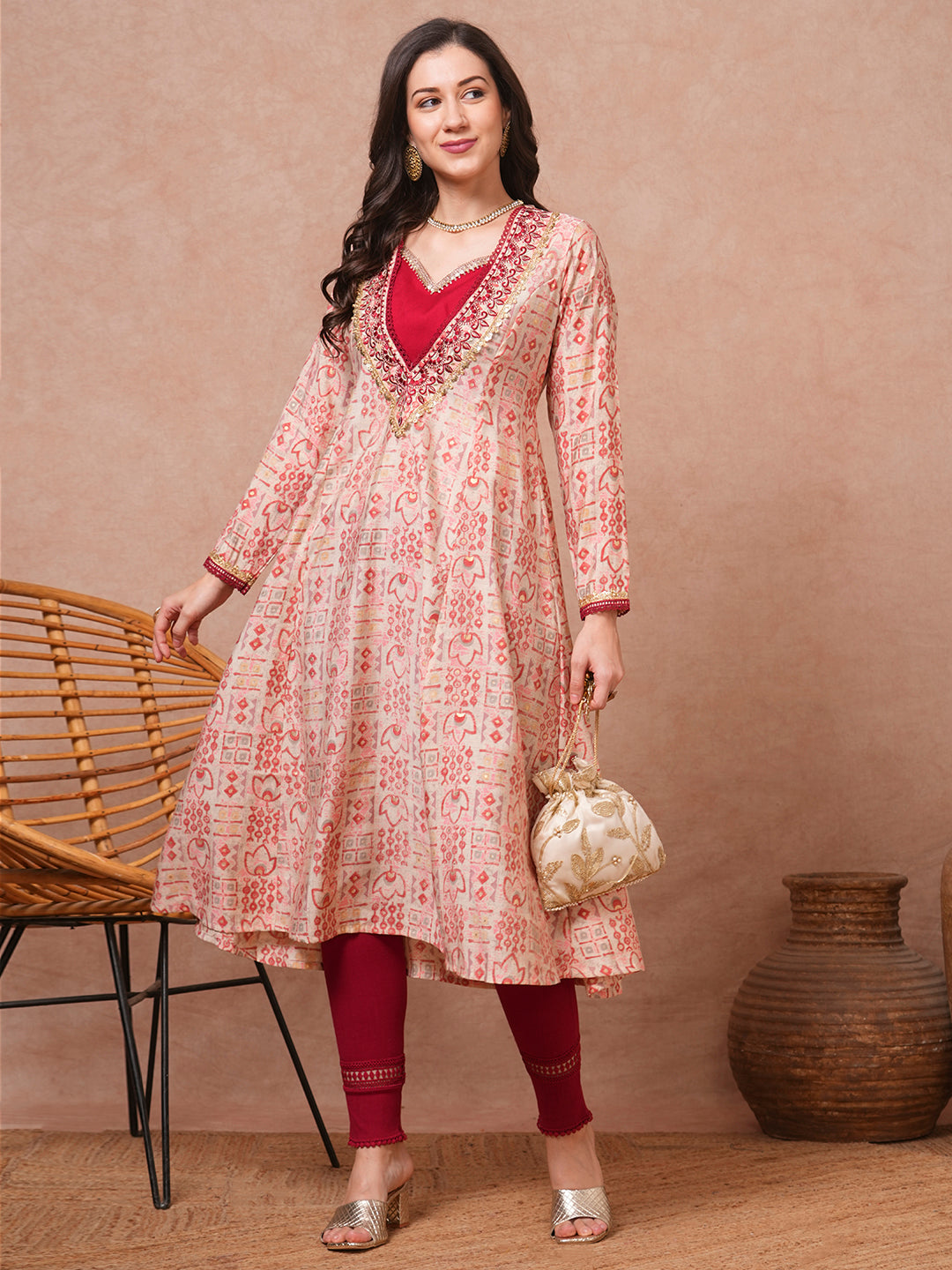 Ethnic Foil Printed & Embroidered A-Line Kurta - Maroon