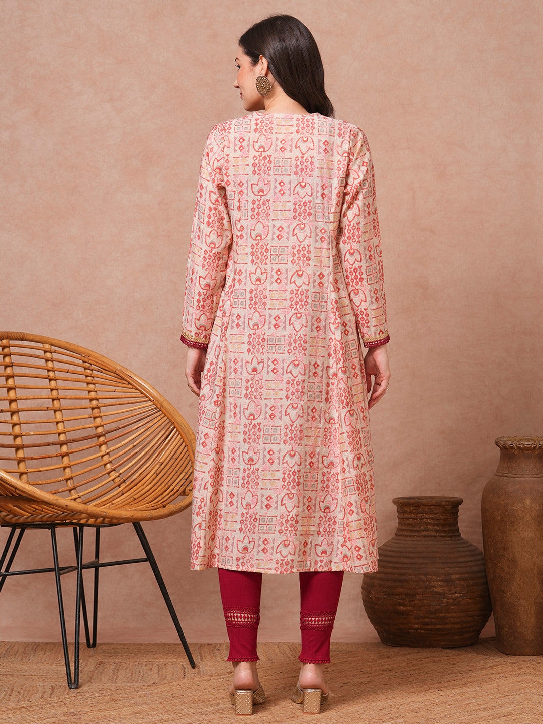 Ethnic Foil Printed & Embroidered A-Line Kurta - Maroon