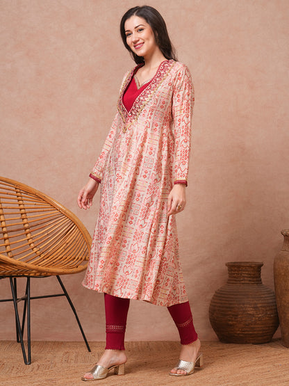 Ethnic Foil Printed & Embroidered A-Line Kurta - Maroon