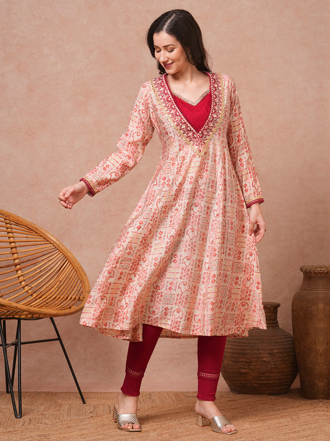 Ethnic Foil Printed & Embroidered A-Line Kurta - Maroon