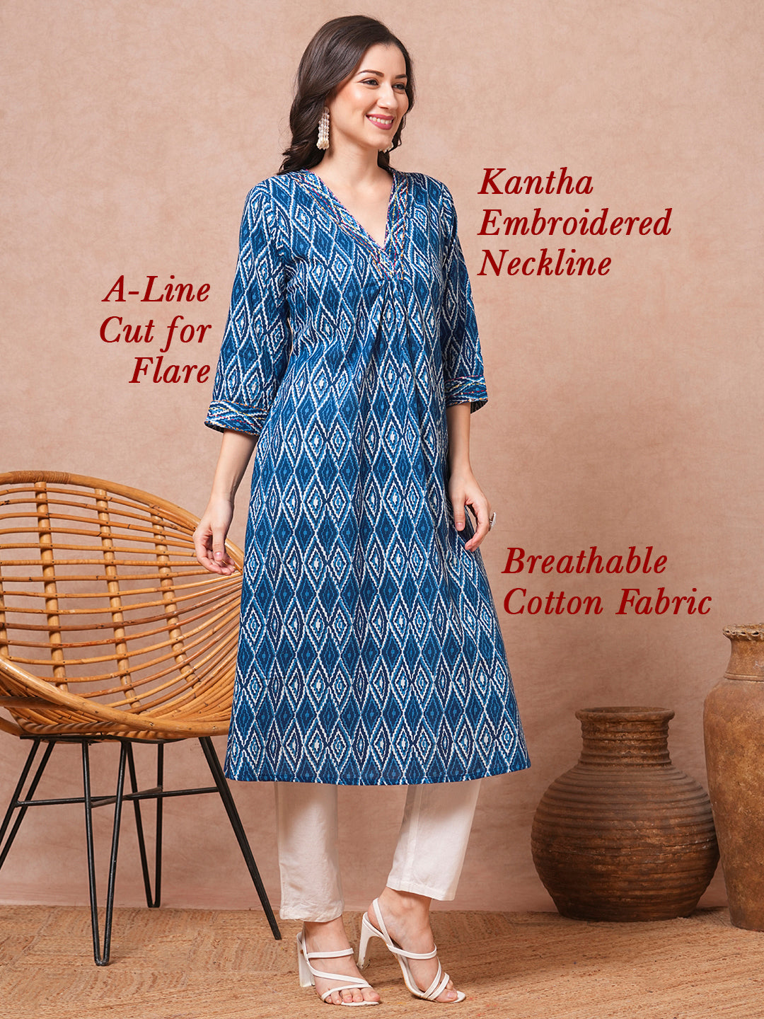 Ethnic Printed & Kantha Embroidered A-Line Kurta - Blue