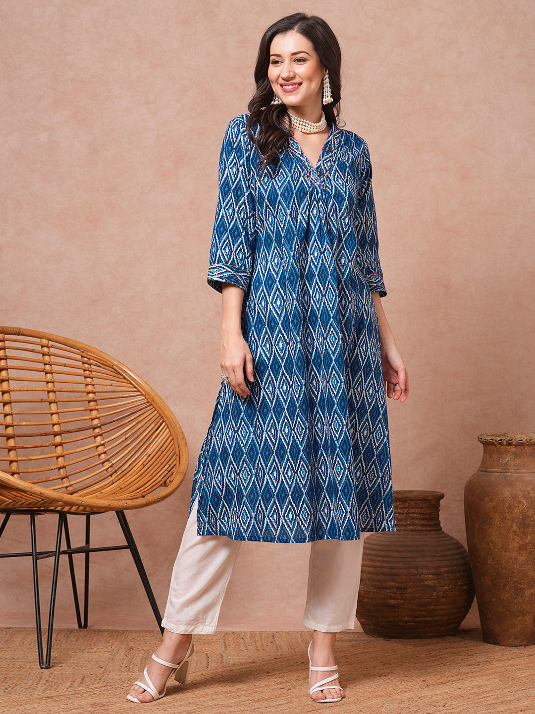 Ethnic Printed & Kantha Embroidered A-Line Kurta - Blue