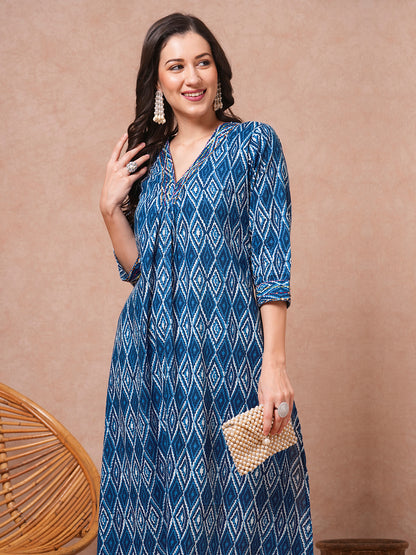 Ethnic Printed & Kantha Embroidered A-Line Kurta - Blue