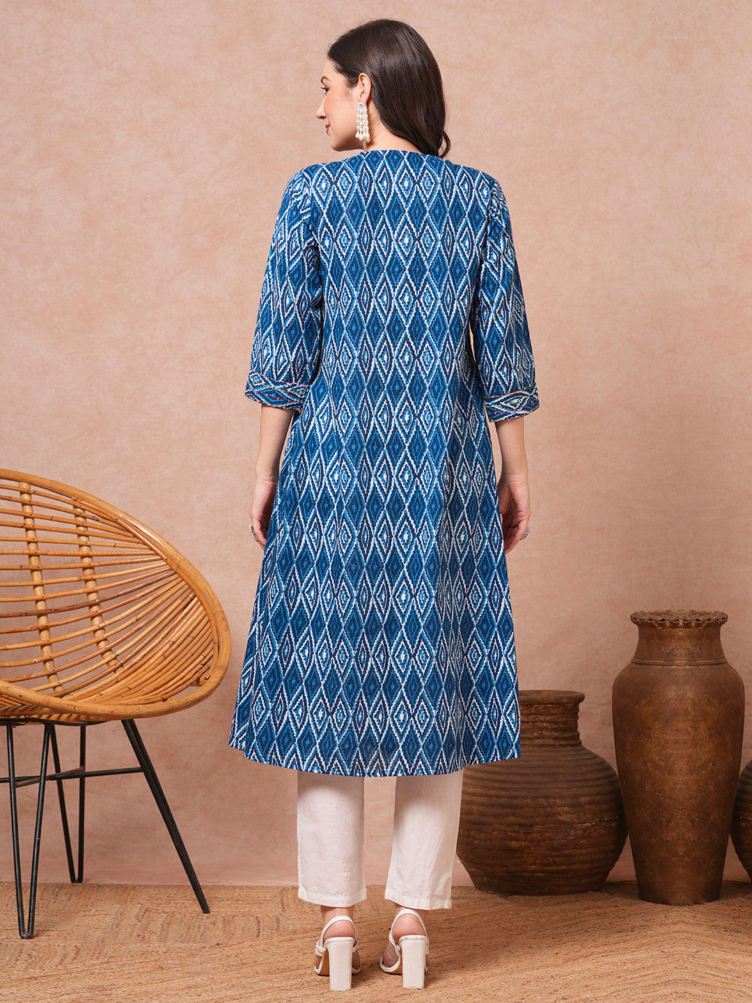 Ethnic Printed & Kantha Embroidered A-Line Kurta - Blue