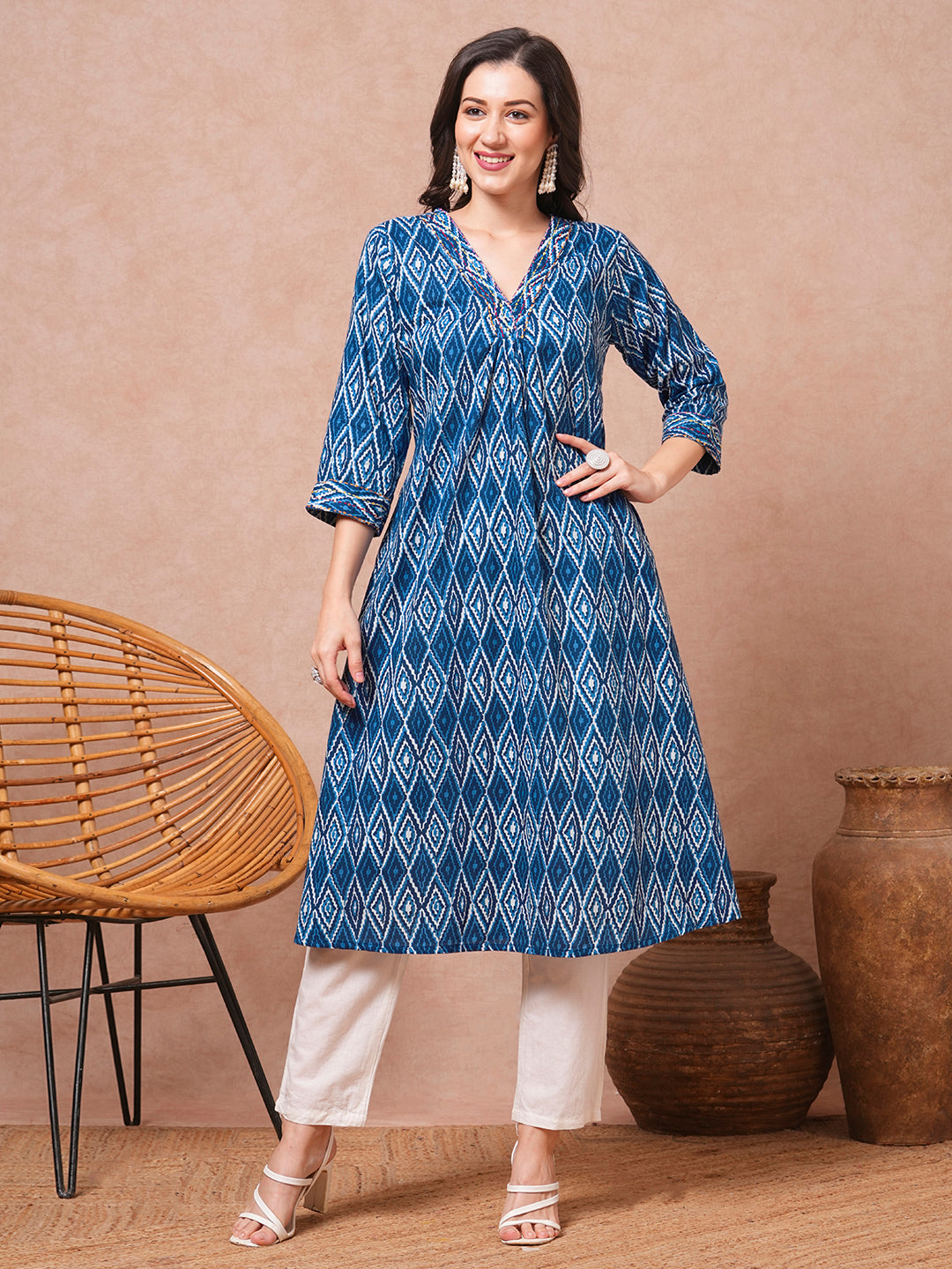 Ethnic Printed & Kantha Embroidered A-Line Kurta - Blue