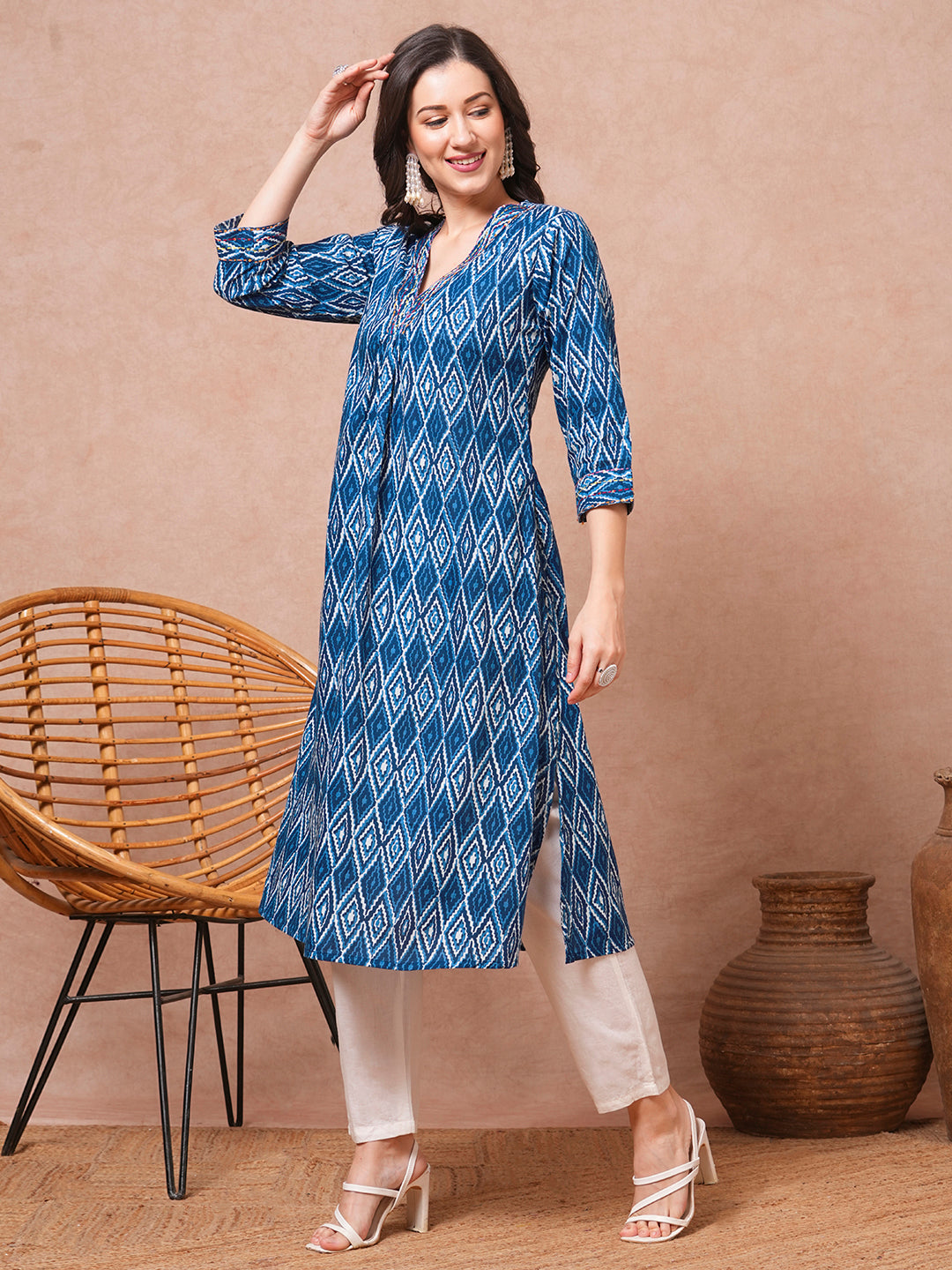 Ethnic Printed & Kantha Embroidered A-Line Kurta - Blue