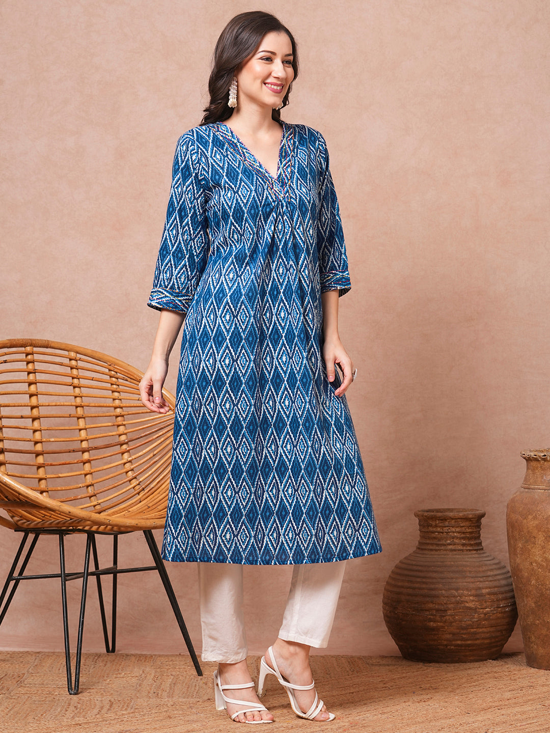 Ethnic Printed & Kantha Embroidered A-Line Kurta - Blue