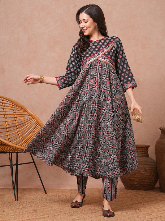 Ethnic Printed A-Line Flared Kurta with Pant - Black