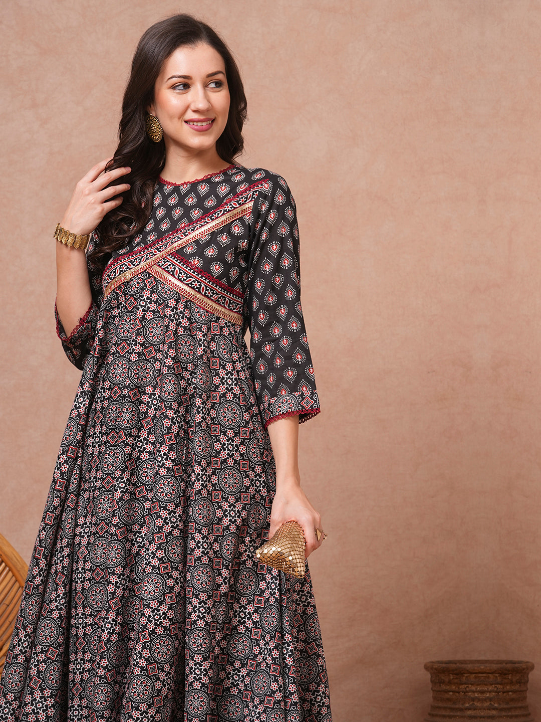 Ethnic Printed A-Line Flared Kurta with Pant - Black