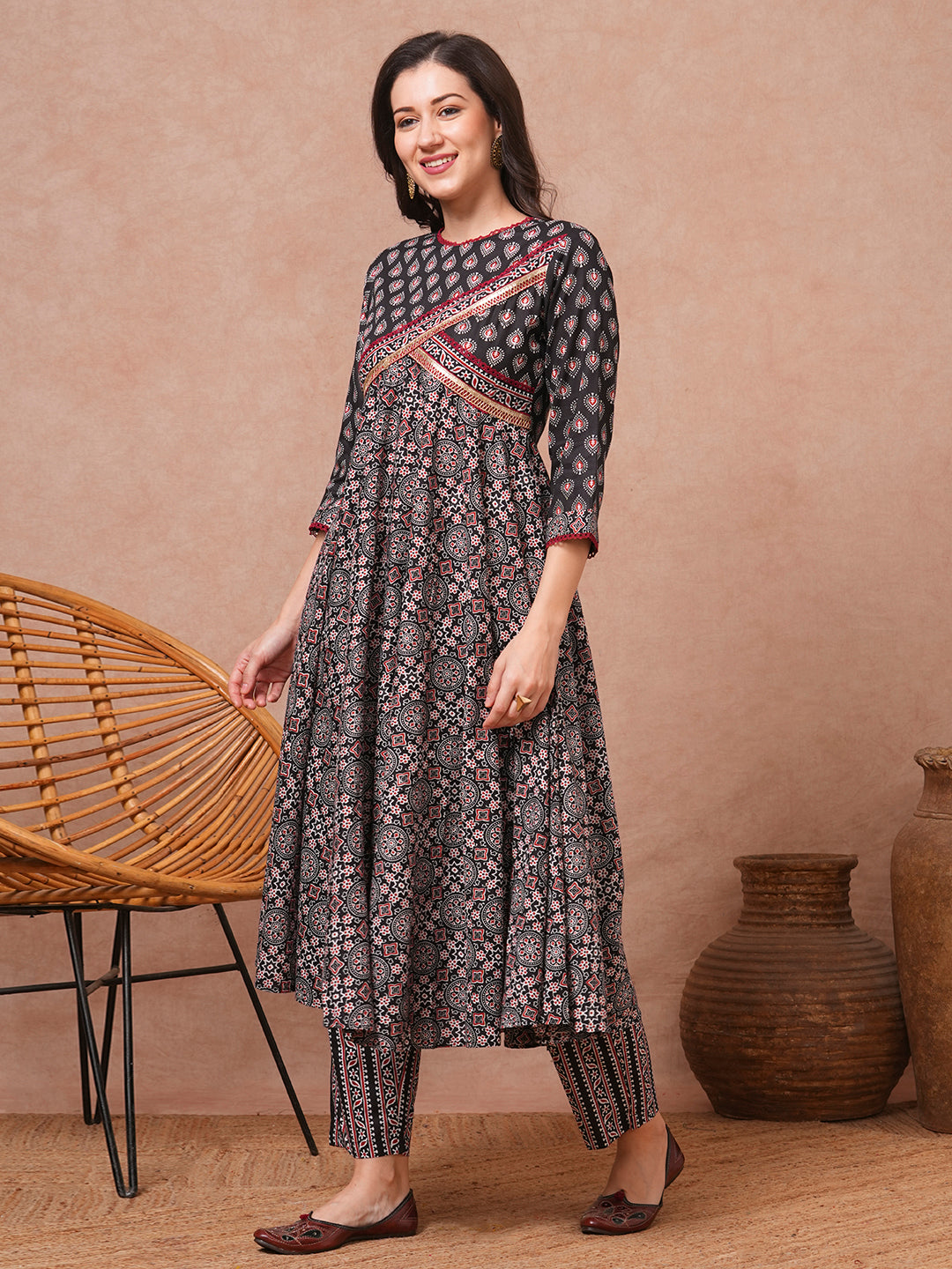 Ethnic Printed A-Line Flared Kurta with Pant - Black