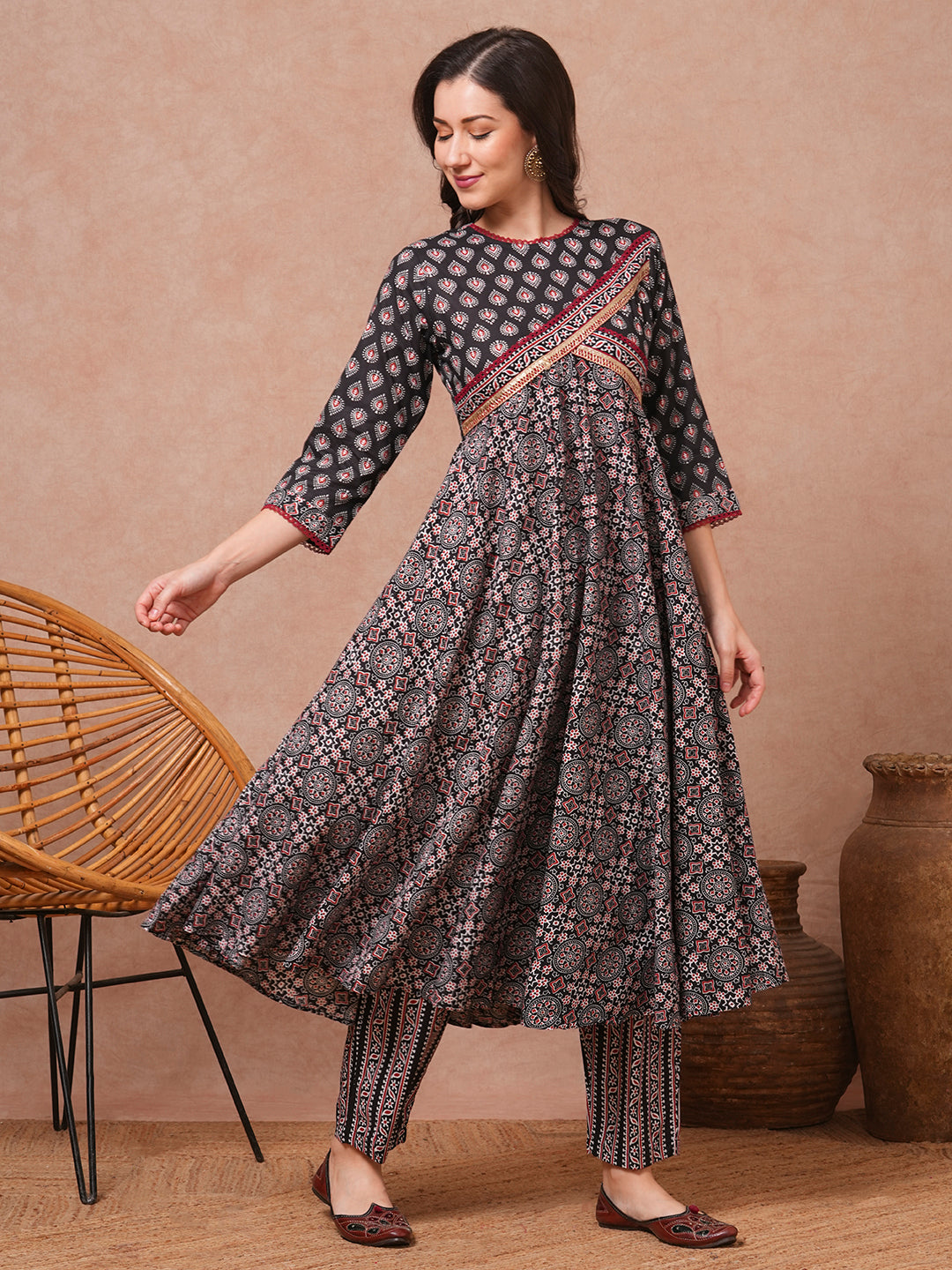 Ethnic Printed A-Line Flared Kurta with Pant - Black