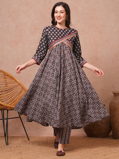 Ethnic Printed A-Line Flared Kurta with Pant - Black