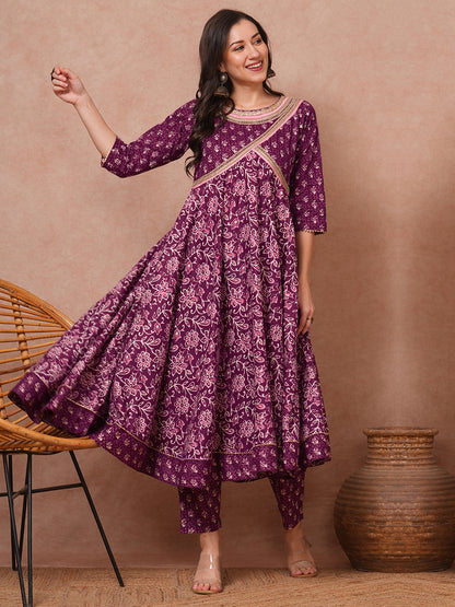 Ethnic Printed & Embroidered Anarkali Flared Kurta with Pant - Purple