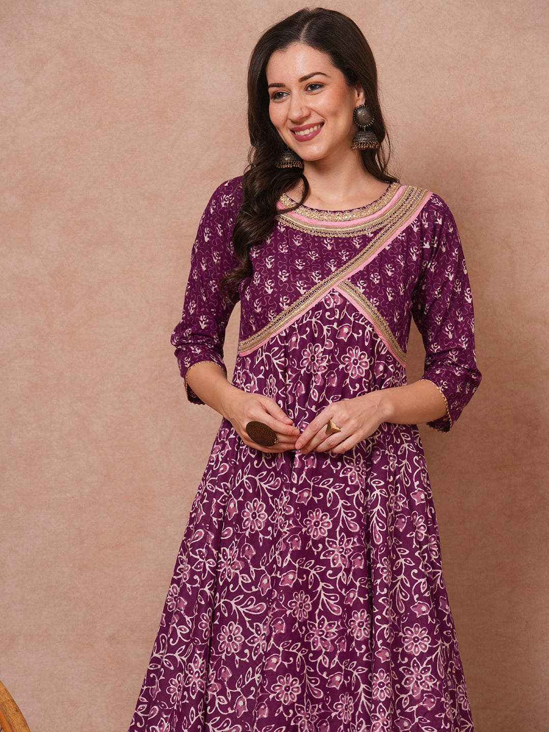 Ethnic Printed & Embroidered Anarkali Flared Kurta with Pant - Purple