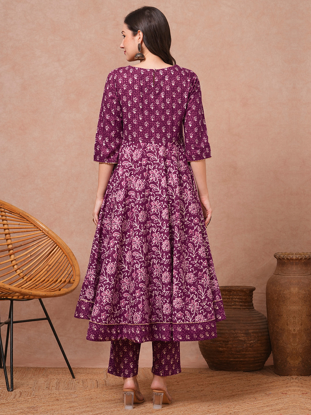 Ethnic Printed & Embroidered Anarkali Flared Kurta with Pant - Purple