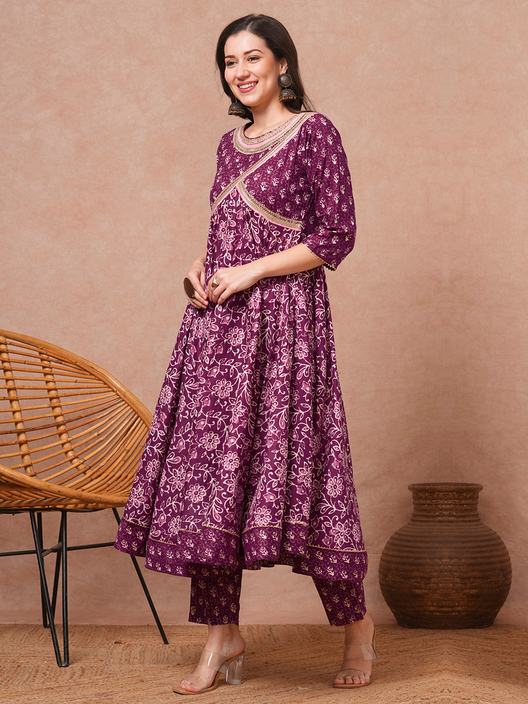 Ethnic Printed & Embroidered Anarkali Flared Kurta with Pant - Purple