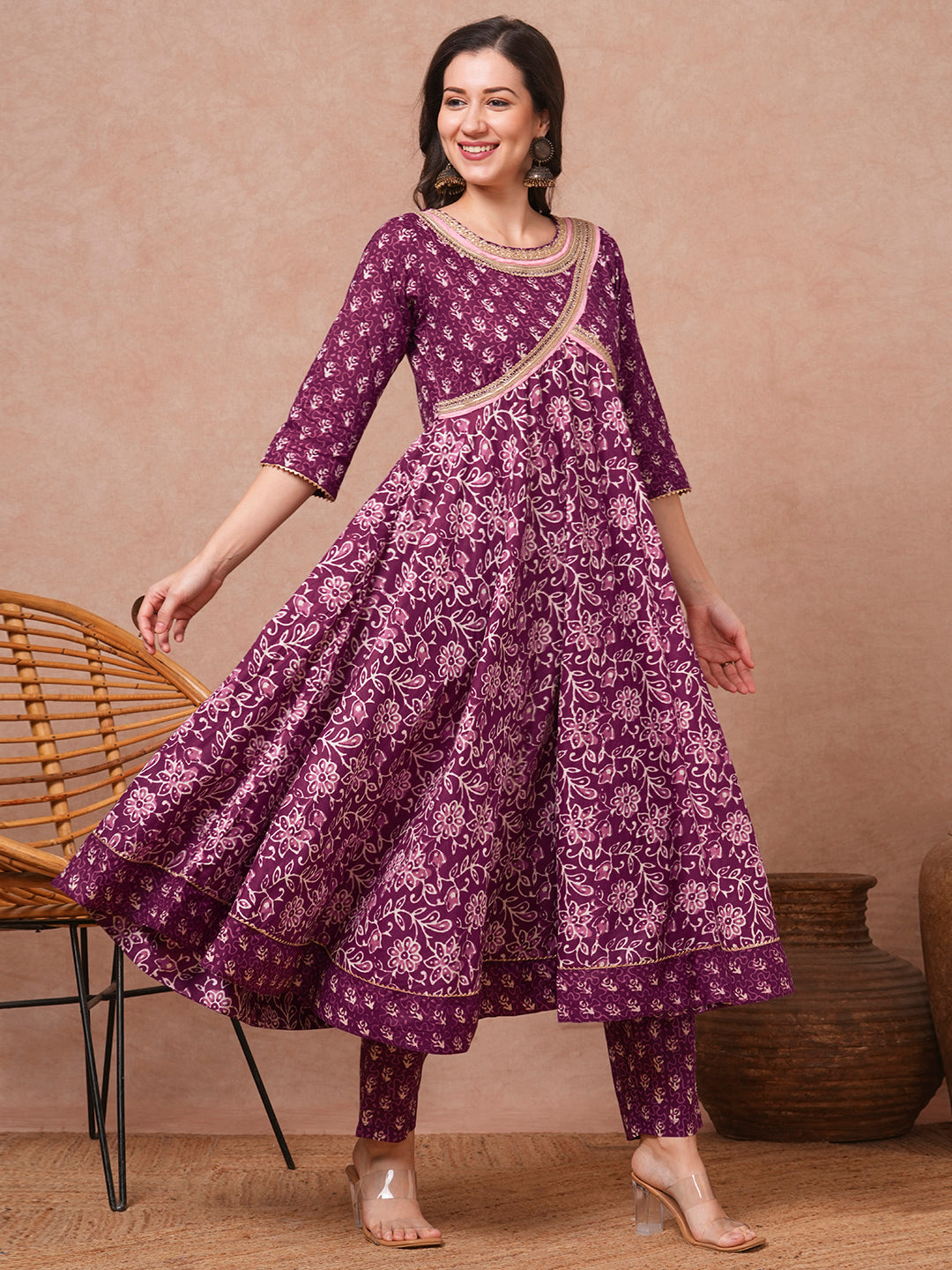 Ethnic Printed & Embroidered Anarkali Flared Kurta with Pant - Purple