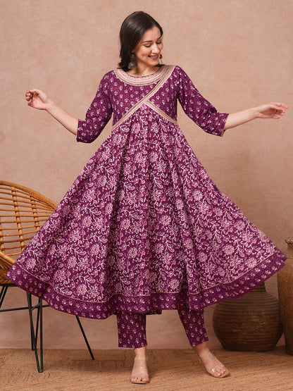 Ethnic Printed & Embroidered Anarkali Flared Kurta with Pant - Purple