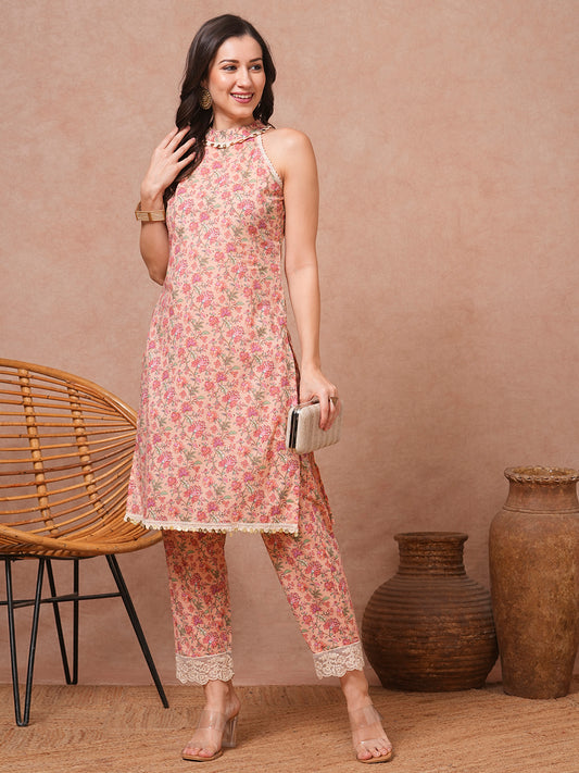 Ethnic Floral Printed Straight Fit Co-ord Set - Peach