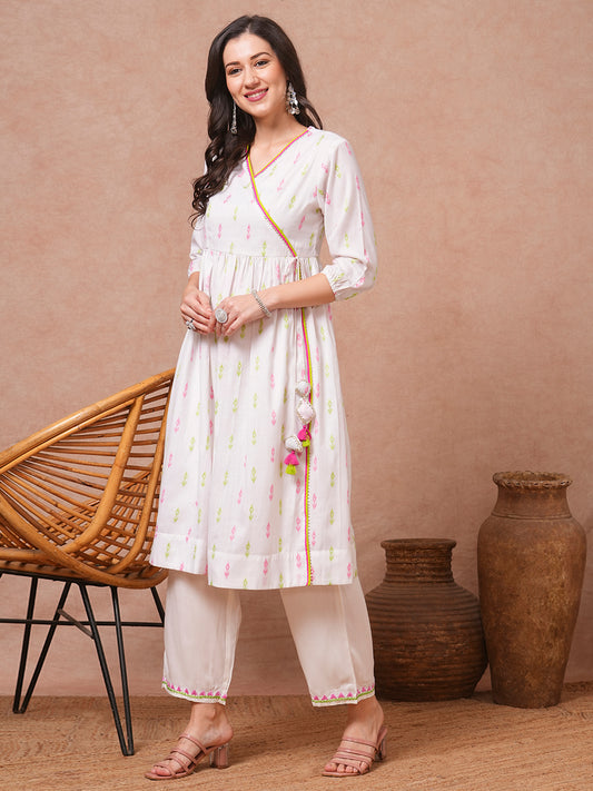 Solid Ethnic Woven A-Line Pleated Kurta with Palazzo - White
