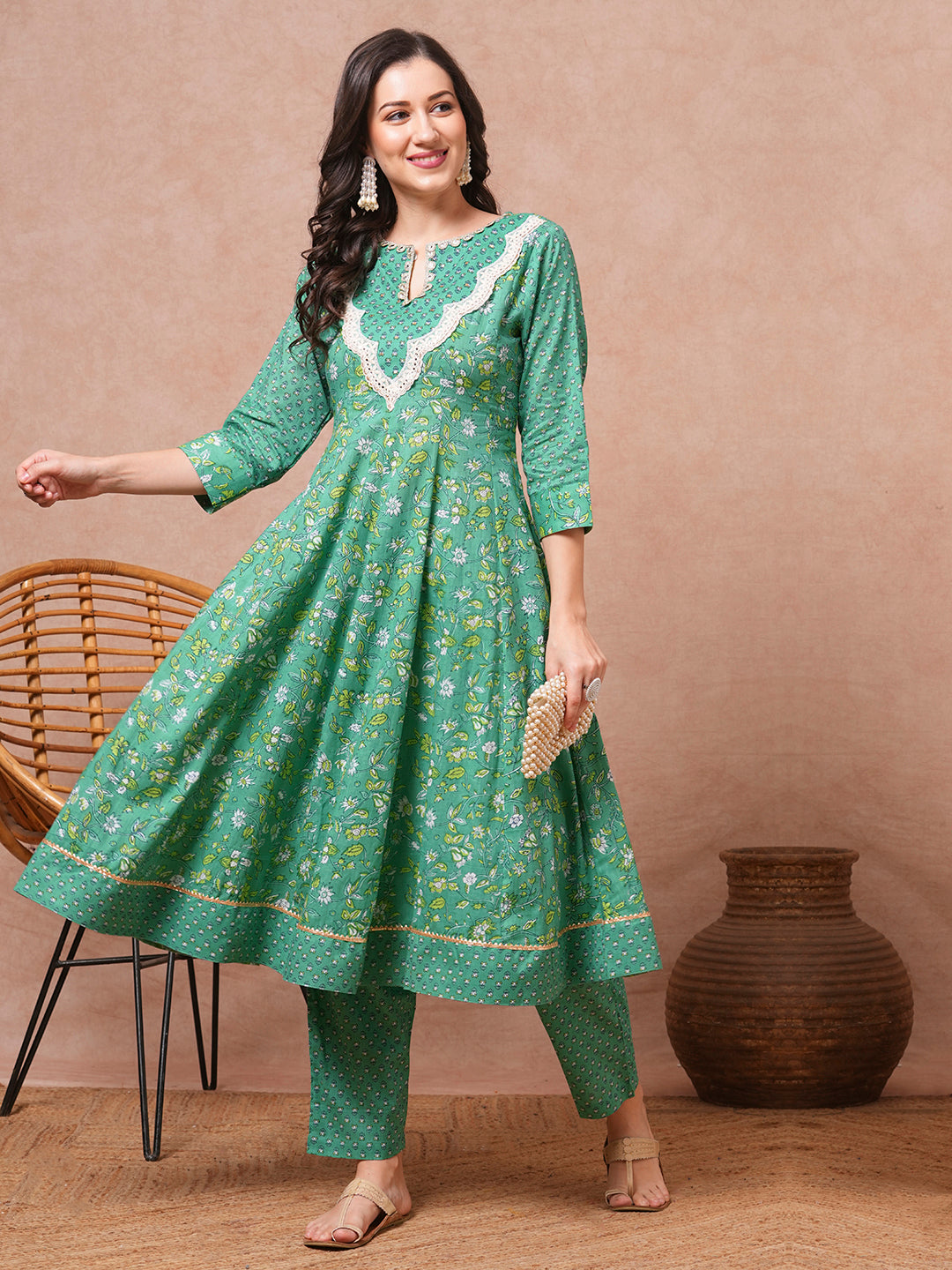 Ethnic Printed & Embroidered Anarkali Flared Kurta with Pant - Green