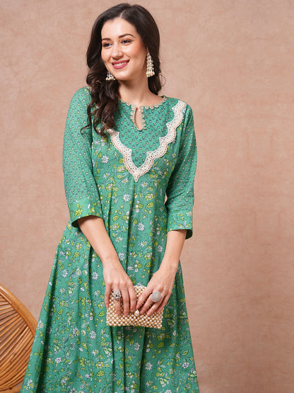 Ethnic Printed & Embroidered Anarkali Flared Kurta with Pant - Green