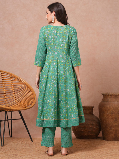 Ethnic Printed & Embroidered Anarkali Flared Kurta with Pant - Green